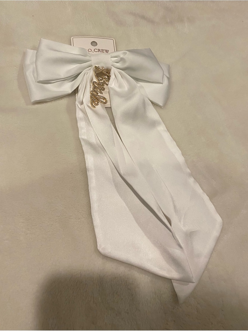 White Satin Bow Hair Tie with Gold Script Bride Charm